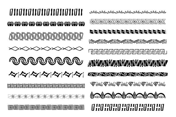 ilustraciones, imágenes clip art, dibujos animados e iconos de stock de set aztec tribal motive border in doodle hand drawn style from geometrical shapes isolated on white background. boho scandinavian srtoke, traditional native decor. - pattern maori tattoo indigenous culture