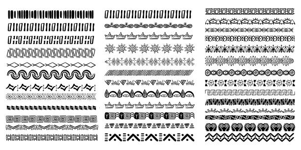 ilustraciones, imágenes clip art, dibujos animados e iconos de stock de set aztec tribal motive border in doodle hand drawn style from geometrical shapes isolated on white background. boho scandinavian srtoke, traditional native decor. - pattern maori tattoo indigenous culture