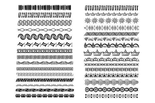 ilustraciones, imágenes clip art, dibujos animados e iconos de stock de set aztec tribal motive border in doodle hand drawn style from geometrical shapes isolated on white background. boho scandinavian srtoke, traditional native decor. - pattern maori tattoo indigenous culture