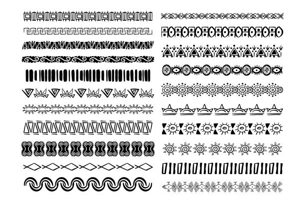 ilustraciones, imágenes clip art, dibujos animados e iconos de stock de set aztec tribal motive border in doodle hand drawn style from geometrical shapes isolated on white background. boho scandinavian srtoke, traditional native decor. - pattern maori tattoo indigenous culture