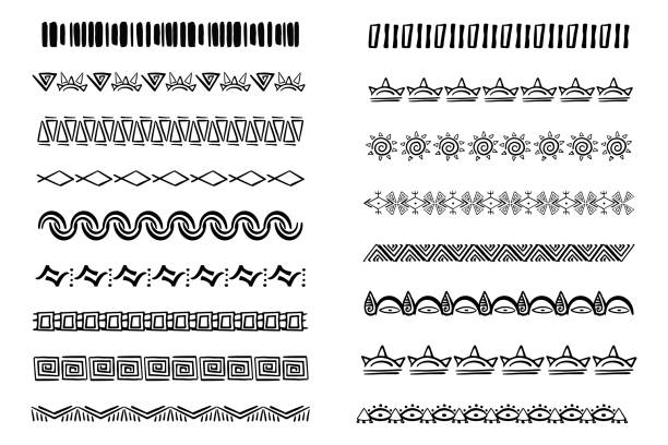 ilustraciones, imágenes clip art, dibujos animados e iconos de stock de set aztec tribal motive border in doodle hand drawn style from geometrical shapes isolated on white background. boho scandinavian srtoke, traditional native decor. - pattern maori tattoo indigenous culture