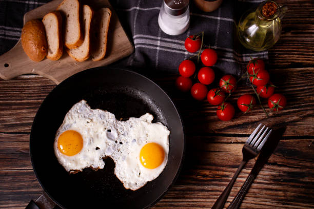 istock Fried eggs in a pan. on a wooden background. Breakfast 1955299886
