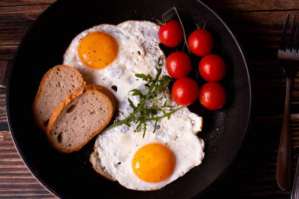 istock Fried eggs in a pan. on a wooden background. Breakfast 1955300951