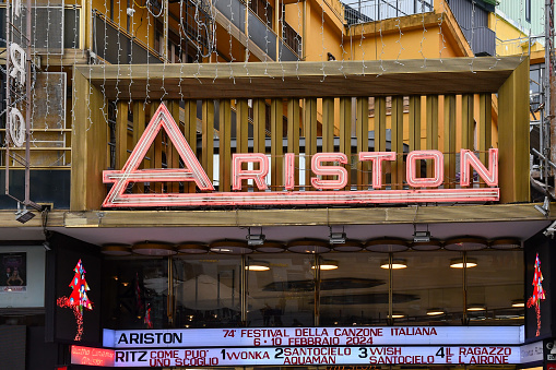 Sanremo, Imperia, Liguria, Italy - 01 01 2024: The Ariston Theatre is located in the city center of Sanremo and is famous for annually hosts the Italian Song Festival since 1977.