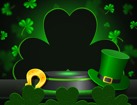 Vector illustration background with shining stage and green clover, horseshoe and Leprechaun Top Hat for St Patricks day design
