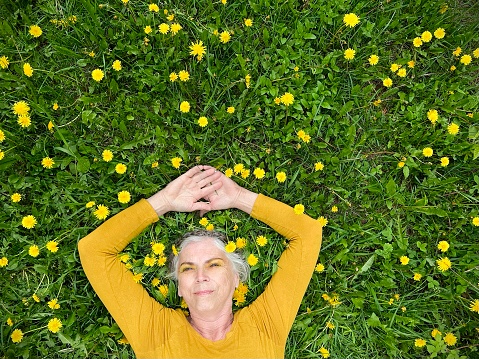 Cute and healthy senior woman, with her silver hair in a braid wrapped around her head like a crown, wearing a golden yellow shirt and yellow glittery eye make up, lying down outdoors in the long grass with lots of yellow dandelions. She is relaxing and showing vitality and aging gracefully, her arms outstretched.
