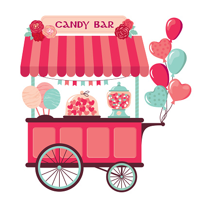 A bright stall with cotton candy, sweets, sweets. A candy stall with goods and balloons. Illustrated vector clipart.