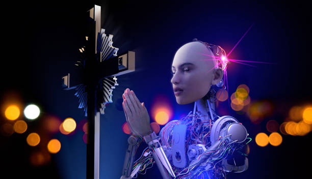 Artificial Intelligence Robot Prays Human face cyborg is praying in the futuristic Church. Faith in the future. Can robots have feelings and belief? For this, they will first have to have a soul. / You can see the animation movie of this image from my iStock video portfolio. Video number: 1954851918 nun praying cross human hand stock pictures, royalty-free photos & images