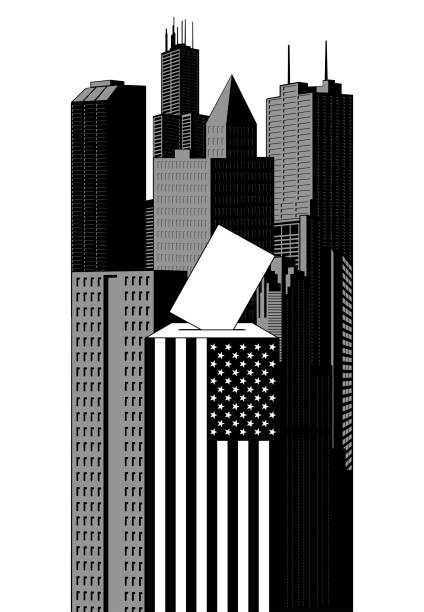 Monochrome placard with a ballot box with a long US flag and a ballot against the background of buildings of an American city. Concept of US Presidential 

election in vintage engraving style. Vector illustration