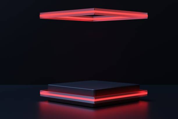 istock Podium with neon glow on a black background, 3d render 1955380998