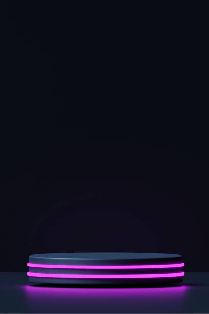 istock Podium with neon glow on a black background, 3d render 1955381000