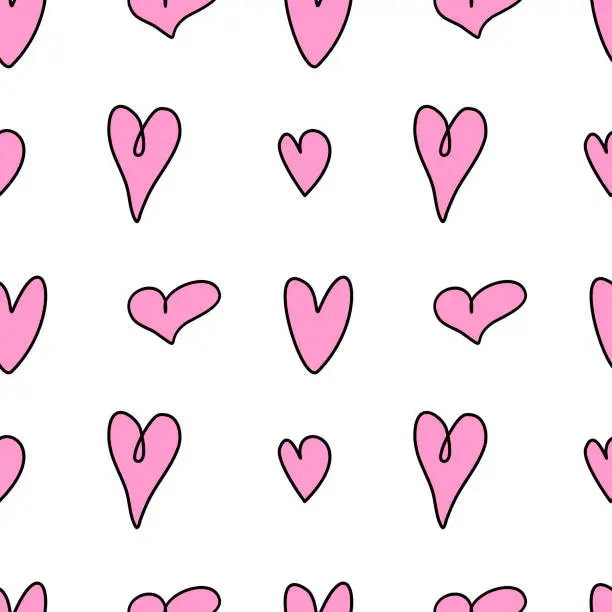 Vector illustration of Seamless abstract pattern of small pink contour hearts. Hand drawn doodle background, texture for textile, wrapping paper, Valentines day, romantic design
