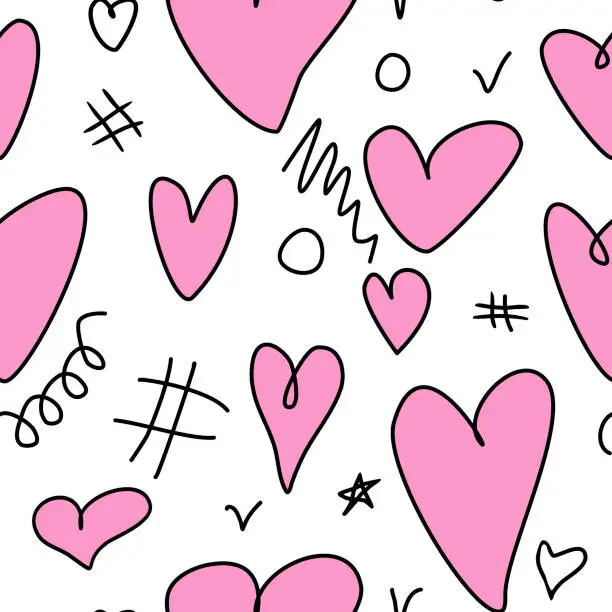 Vector illustration of Seamless abstract pattern of different pink hearts and doodles. Freehand scribble background, texture for textile, wrapping paper, Valentines day, romantic design