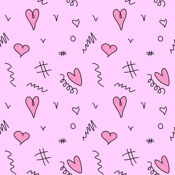 Vector illustration of Seamless abstract pattern of different pink hearts and doodles. Freehand scribble background, texture for textile, wrapping paper, Valentines day, romantic design