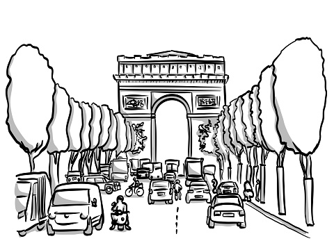 Paris's Arch of Triumph with busy street leading up to the monument.