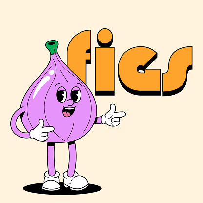 Retro style fruit with arms and legs. Violet groove Figs. Vector illustration for design