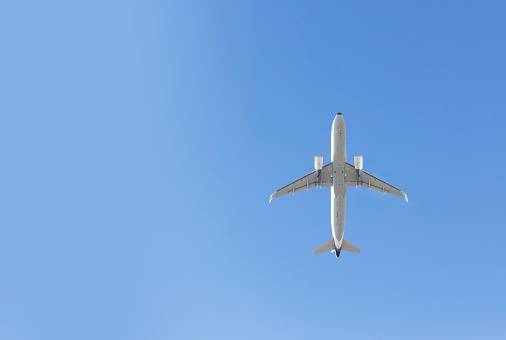 Bottom View of the Airplane in the sky with blank copy space for travel concept