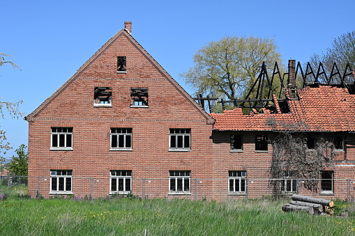 Obernwöhren, Germany - September 24, 2023: Fire ruin of a farmhouse in Schaumburg