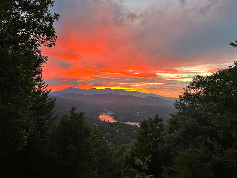 View above Lake Gregory with pink sunset and trees