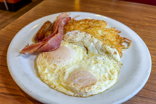 American Breakfast, eggs, sausage, bacon, hash browns