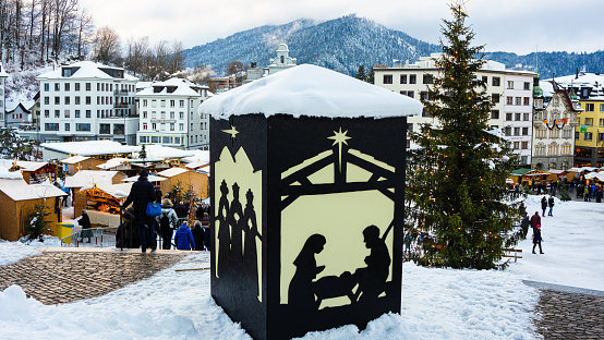 Einsiedeln, Switzerlan - December 5, 2023: Christmas market in Einsiedeln, a village in the Swiss canton of Schwyz. It is known for the Monastery, the most important baroque building in Switzerland