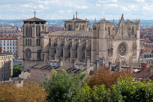 View from the district of Fourviere in the French city of Lyon, looking across to the medieval Cathdedrale Saint-Jean-Baptise. The Roman Catholic UNESCO World Heritage Site dates back to 1180, but wasn't completed until 1476.