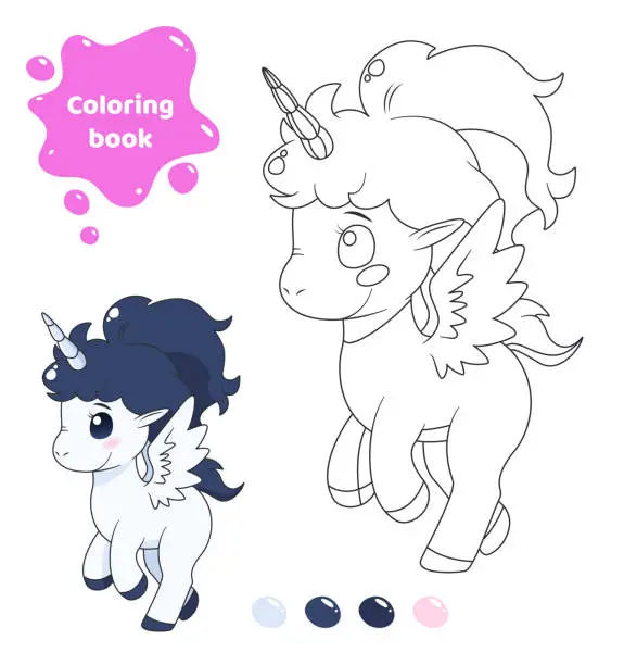 Vector illustration of Coloring book for kids. Cute unicorn with wings.