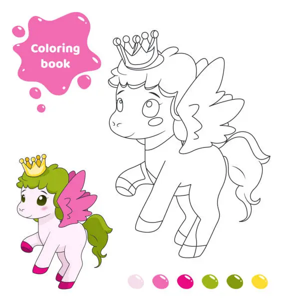 Vector illustration of Coloring book for kids. Cute pony with wings.