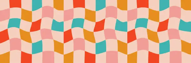 Vector illustration of Christmas wavy groovy checker vector background. Retro holiday fluid abstract checkerboard backdrop. Xmas curved distorted check abstract geometric pattern. Pink, red, green, and gold color