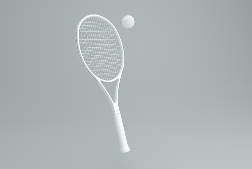 White Tennis Racket and Ball on a Gray Studio Background. Minimal concept. Monochrome. 3D render.