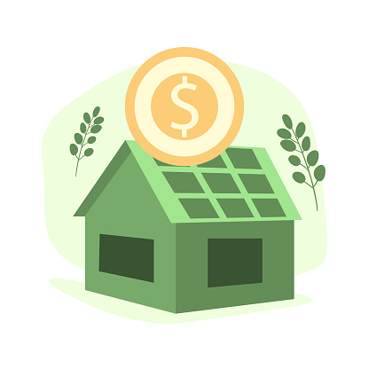 Eco house with solar panels. Energy efficiency in household and industry. use green electricity, paying less. saving money. Vector illustration.