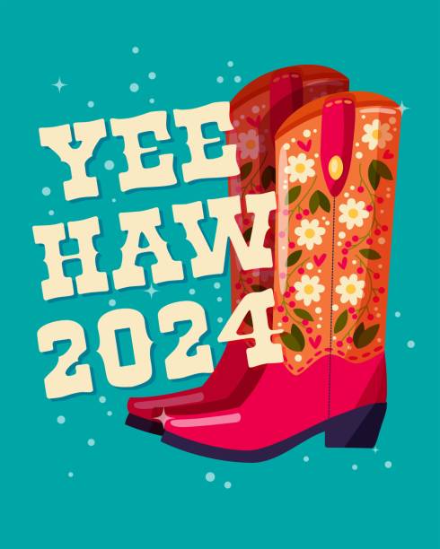 istock A pair of cowboy boots decorated with flowers and a hand lettering message Yeehaw 2024 on blue background. Happy New Year colorful hand drawn vector illustration in bright vibrant colors. Greeting card design. 1955496595