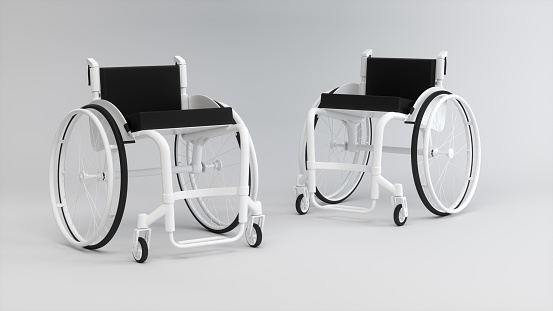 Two White Wheelchairs Opposite Each Other on a Soft Gray Studio Background. Medicine concept. Monochrome. 3D Render.