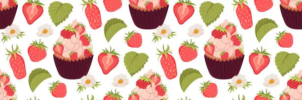 Vector illustration of Strawberry cupcake pattern. Sweet holiday pastries. Berry background with muffin and whipped cream.