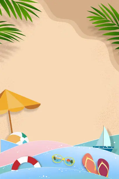 Vector illustration of Summer background with beach vacation holiday theme in blue wave layer and copy space,Vector flat lay paper cut of tropical summer design, palm leaf and cloud on sandy beach background