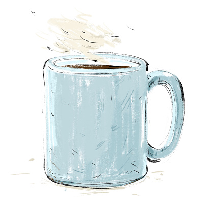 This is a digital sketch of a blue steaming cup of coffee