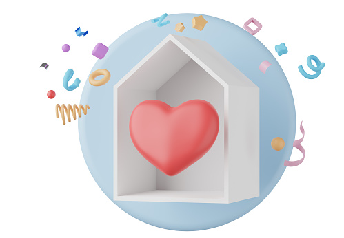 3D render, Minimal cute heart inside house isolated on background, family concept, giving heart, icon element for social media and mock up, love concept.