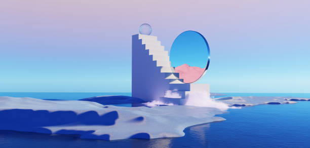 istock 3d Render, Abstract Surreal pastel landscape background with architecture and geometric, beautiful gradient sky scene, lake with clam water, minimal concept. 1955568242