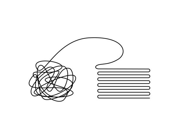 Untangle a ball of thread. Unravel the mess. The concept of psychotherapy and psychology. Untangle a ball of thread. Unravel the mess. The concept of psychotherapy and psychology. Problem solving. Putting things in order, structuring, straightening. chaos stock illustrations