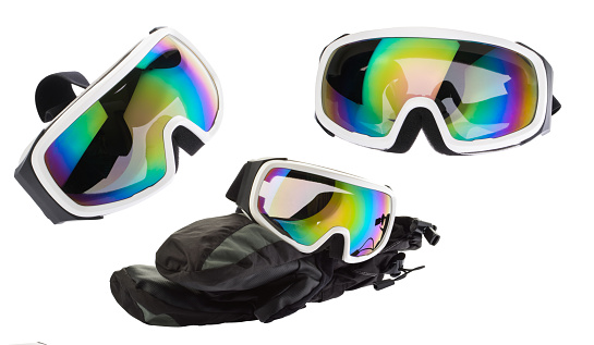 ski equipment goggles with gloves isolated on white clipping path