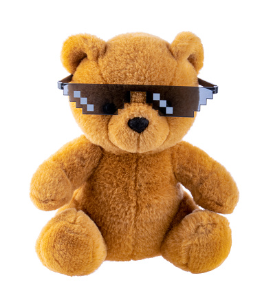 Teddy Bear wear thug life meme glasses isolated on white background with clipping path