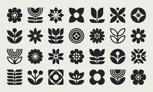 Graphic flower and leaves icons. Simple geometric flower icons.