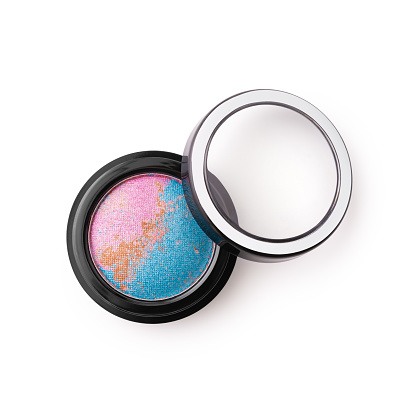 Blue and pink shiny eyeshadows isolated on white background. Fashion make-up personal accessory.