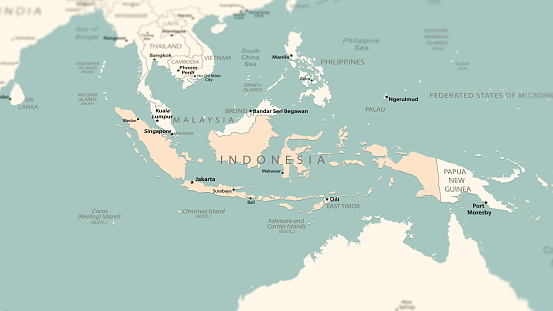 Indonesia on the world map. Shot with light depth of field focusing on the country.