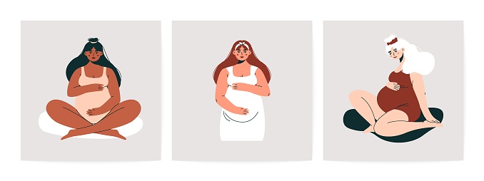 Pregnant women. Flat female portraits with childbearing belly, diverse expecting moms, maternity, motherhood and pregnancy concept. Cartoon vector set.