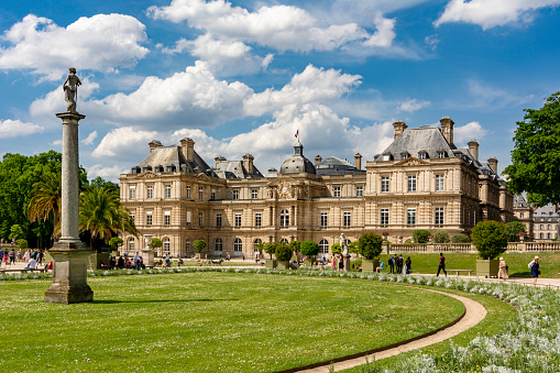 Paris, France - May 2019: Luxembourg palace and gardens in Paris