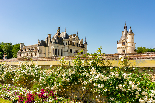 Chenonceau, France - May 2019: Chenonceau Castle (Chateau de Chenonceau) and gardens in Loire valley