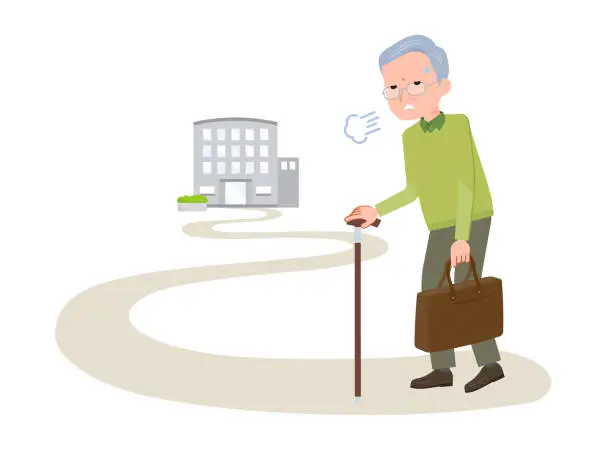 Vector illustration of Senior man tired from walking to facility