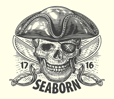 SEABORN. Pirate in cocked hat with crossed sabers. Skull head sketch vintage vector illustration