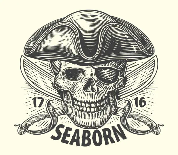 Vector illustration of SEABORN. Pirate in cocked hat with crossed sabers. Skull head sketch vintage vector illustration